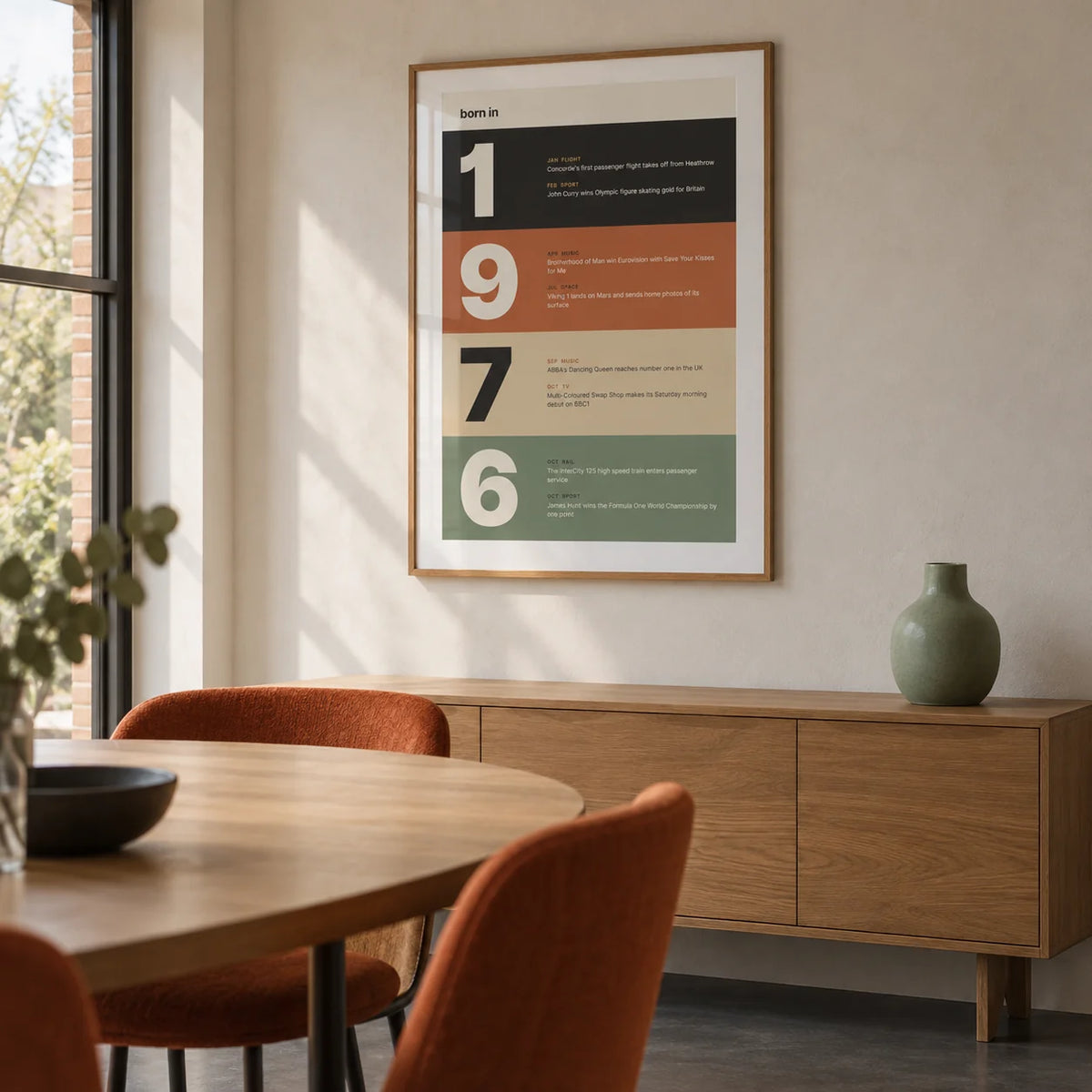 1976 Typography Print, framed on the wall of a modern dining room in a British semi-detached house with a pale plaster wall and a plain charcoal floor