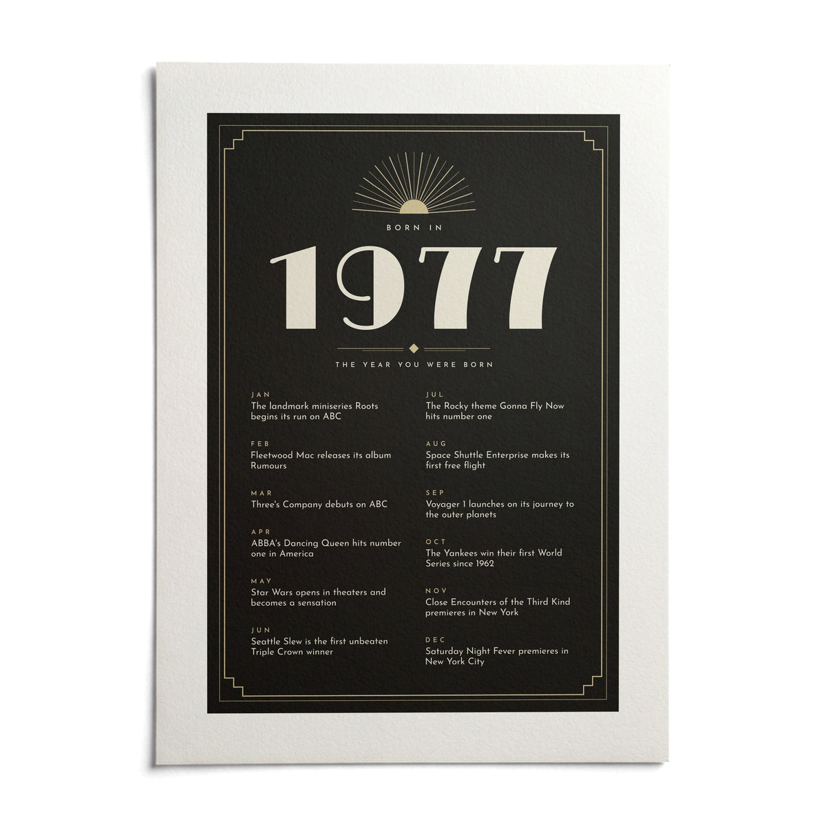 1977 Art Deco Birthday Print, shown as an unframed paper print on a plain white background
