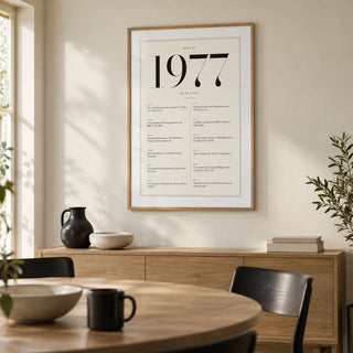 1977 Birthday Print, framed on the wall of a contemporary dining room in a UK home with an ivory wall and a round oak dining table