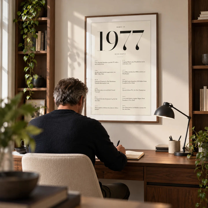 1977 Birthday Print, framed on the wall of a quiet home study for an adult around 50 with an ivory painted wall and fitted walnut shelves