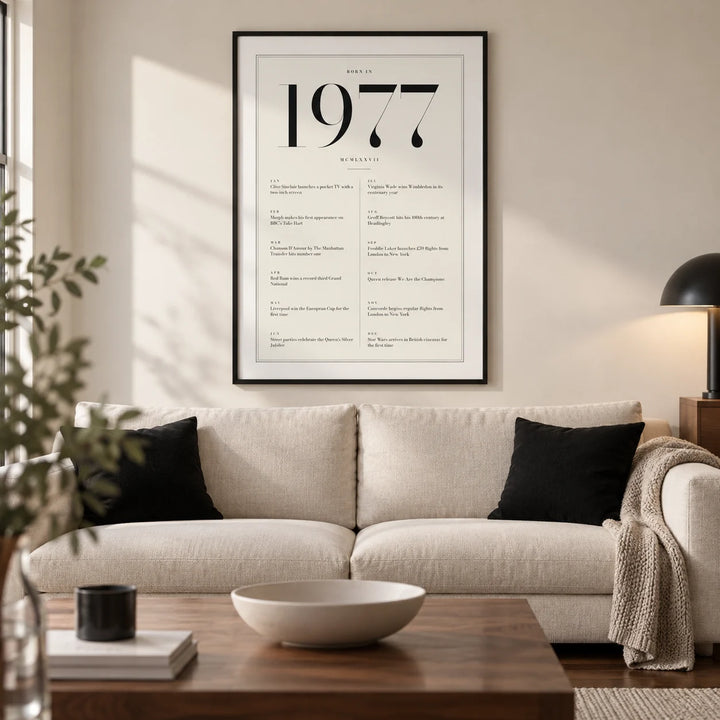 1977 Birthday Print, framed on the wall of a refined modern living room in a UK family home with a warm white wall and walnut floor