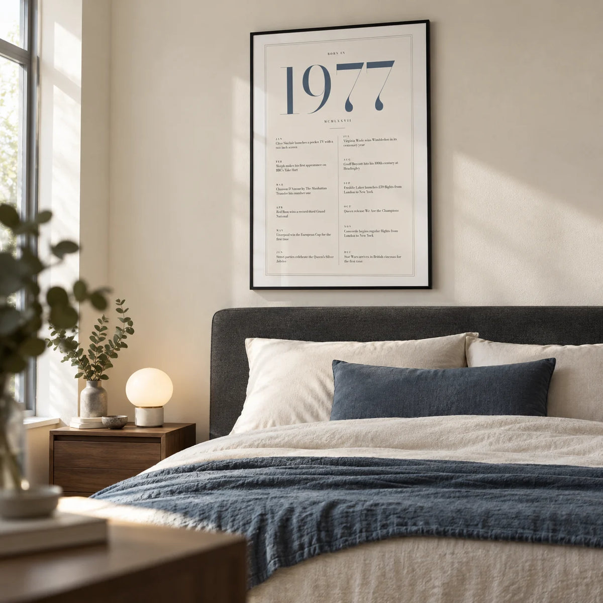 1977 Blue Birthday Print, framed on the wall of a contemporary main bedroom in a UK family home with an ivory wall