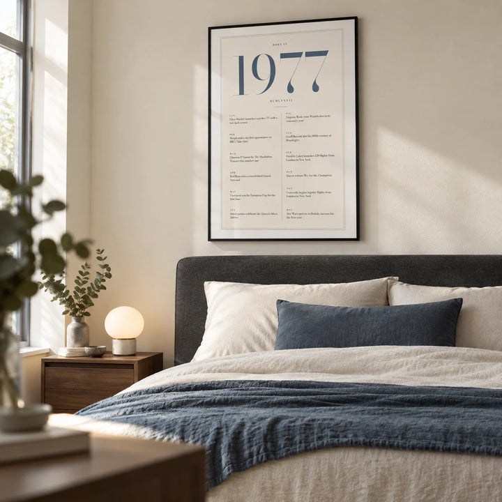 1977 Blue Birthday Print, framed on the wall of a contemporary main bedroom in a UK family home with an ivory wall
