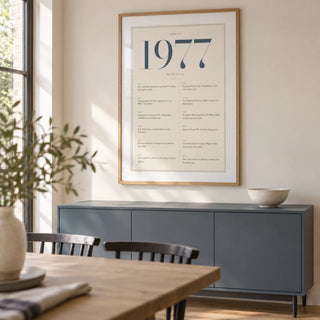 1977 Blue Birthday Print, framed on the wall of a modern dining room in a UK home with a warm white wall and pale oak floor