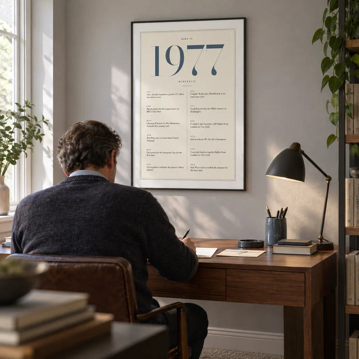 1977 Blue Birthday Print, framed on the wall of a quiet home study for an adult aged 45-60 with a pale grey wall