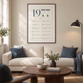 1977 Blue Birthday Print, framed on the wall of a refined modern living room in a UK terraced house with an ivory wall and walnut floorboards