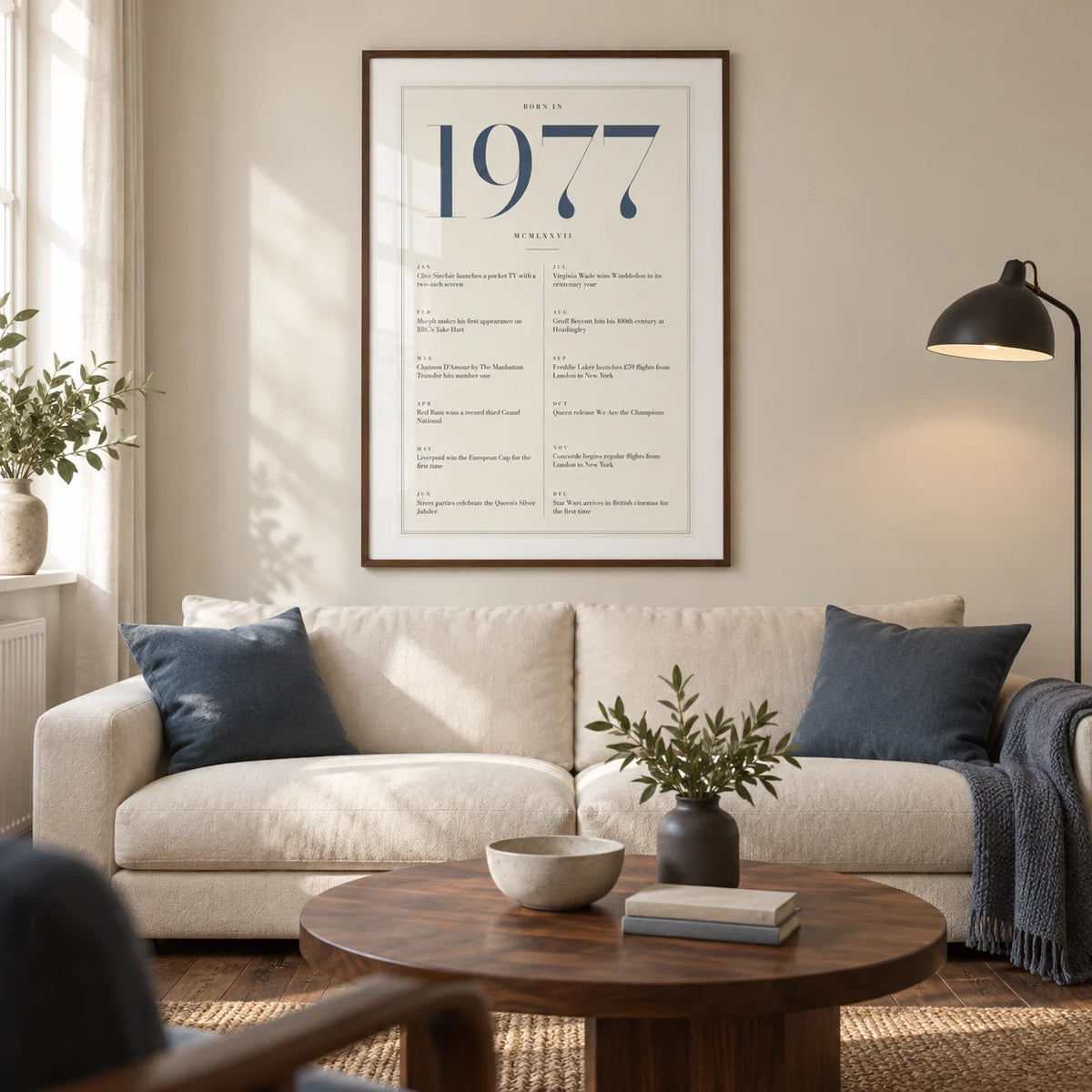 1977 Blue Birthday Print, framed on the wall of a refined modern living room in a UK terraced house with an ivory wall and walnut floorboards