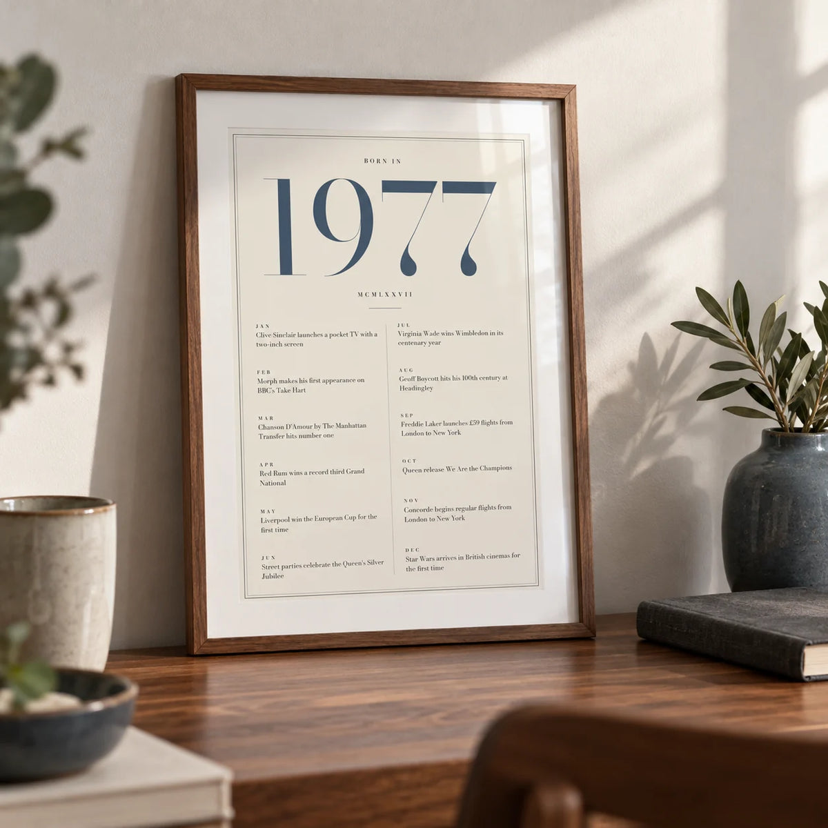 1977 Blue Birthday Print, a small A4 framed print leaning on a walnut desk