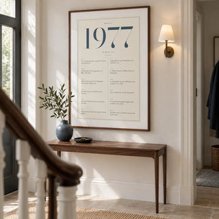 1977 Blue Birthday Print, framed on the wall of a smart entrance hallway in a British townhouse with warm white walls and pale stone flooring