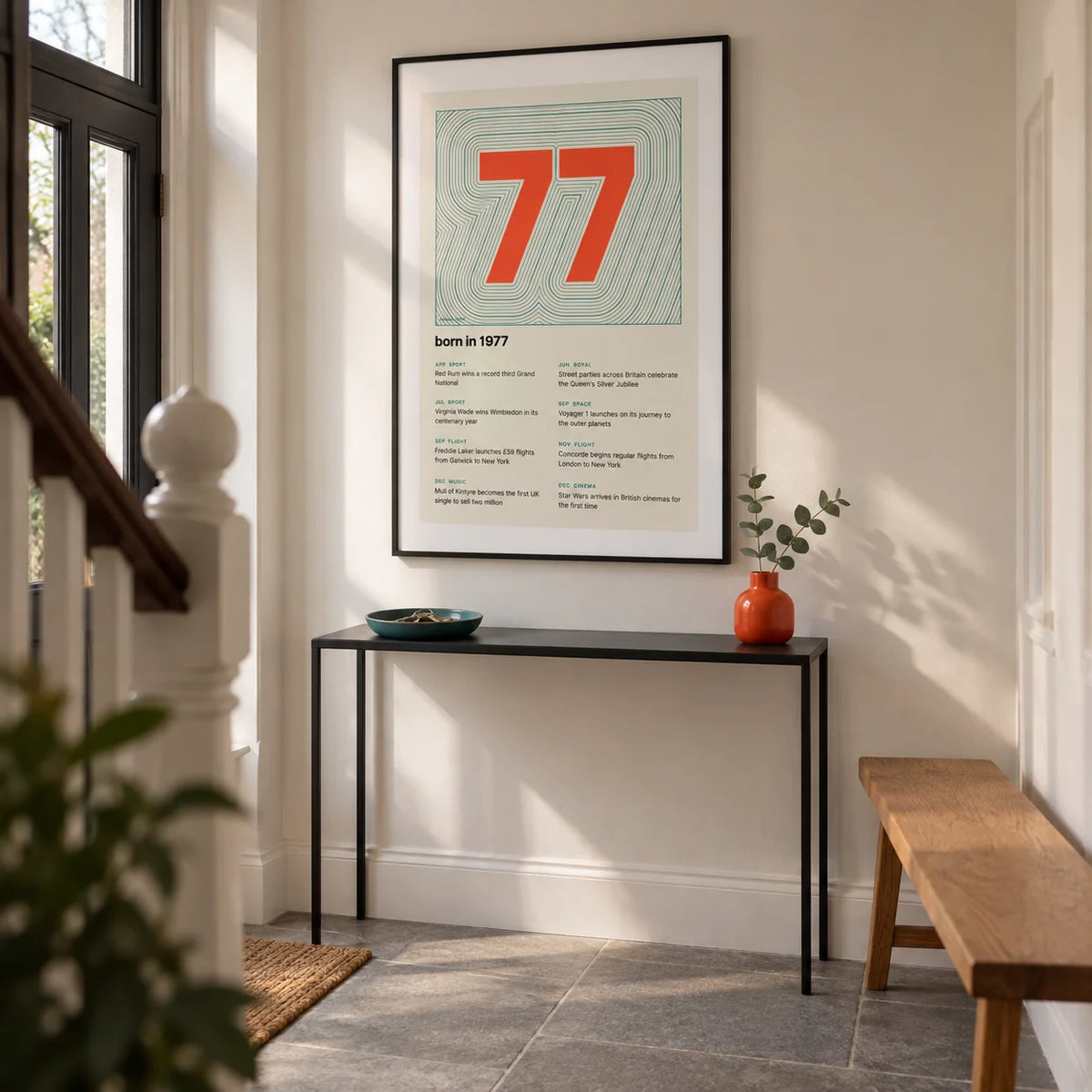 1977 Contour Map Print, framed on the wall of a crisp entrance hallway in a renovated British terrace with an off-white wall and a plain grey stone floor
