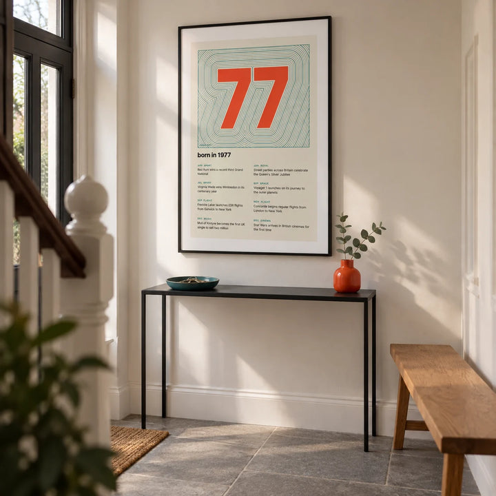 1977 Contour Map Print, framed on the wall of a crisp entrance hallway in a renovated British terrace with an off-white wall and a plain grey stone floor
