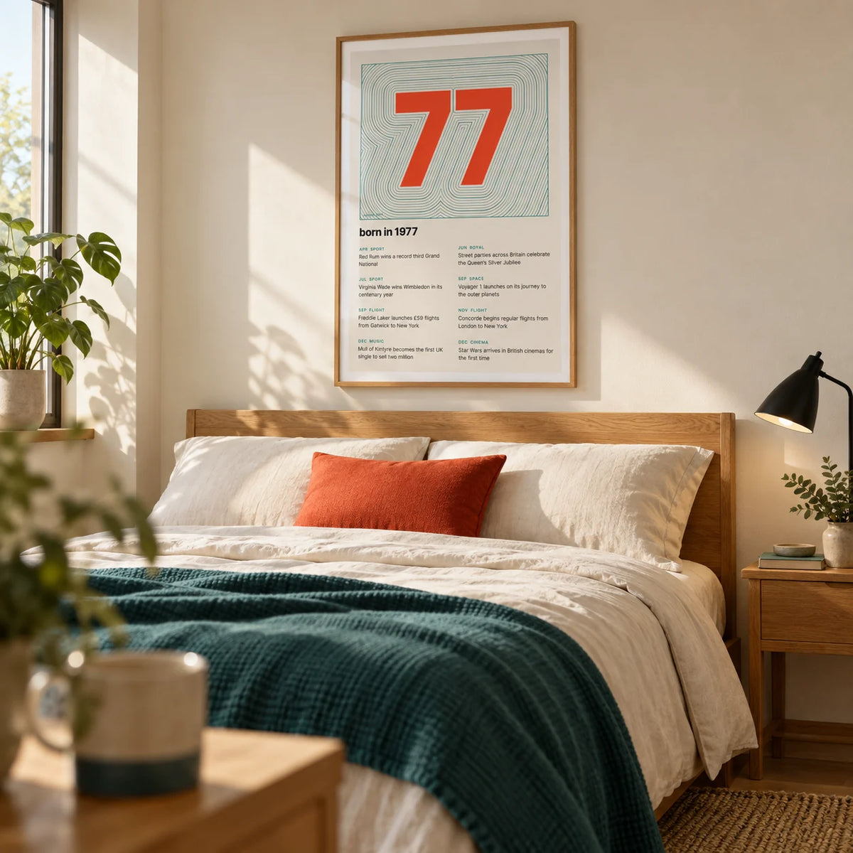 1977 Contour Map Print, framed on the wall of a modern bedroom for a retro design lover aged 45-60 with a cream wall and oak furniture