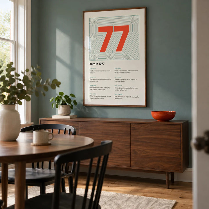1977 Contour Map Print, framed on the wall of a modern dining room in a UK semi-detached house with a muted teal wall and a plain timber floor