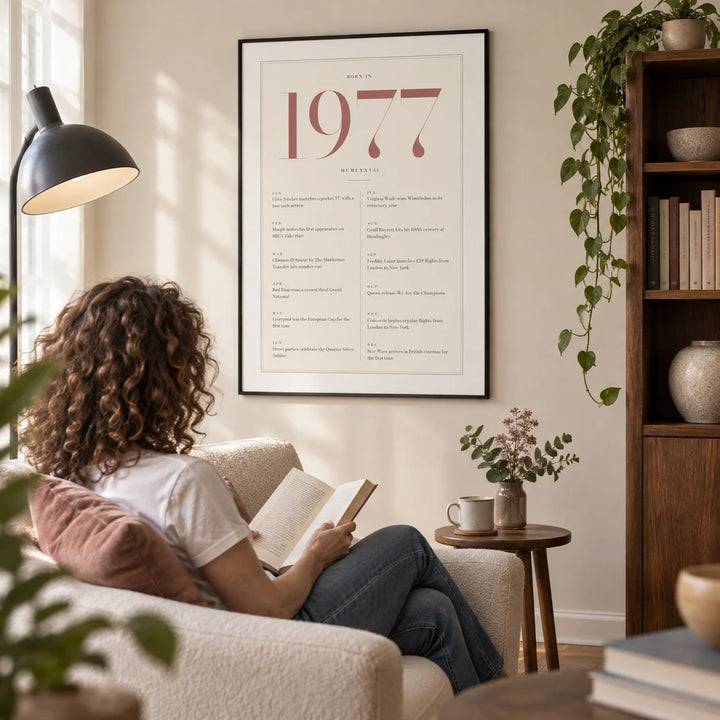 1977 Pink Birthday Print, framed on the wall of a quiet reading corner in a mature couple's UK flat with a warm white wall and a low walnut bookcase in a living room