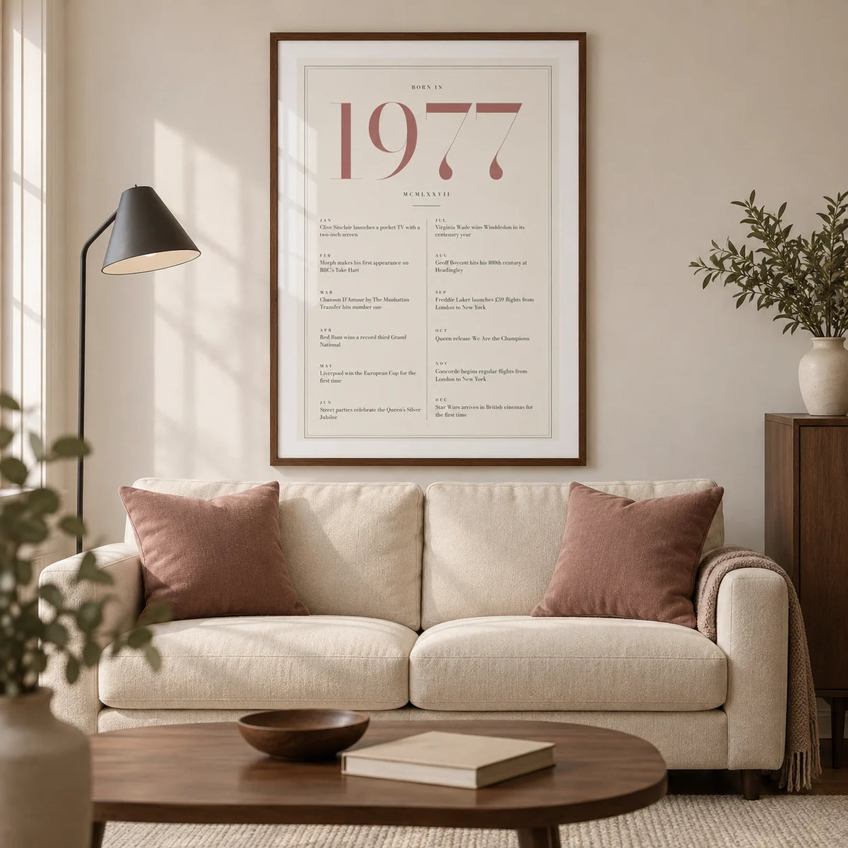 1977 Pink Birthday Print, framed on the wall of a refined modern living room in a UK terraced home with ivory walls