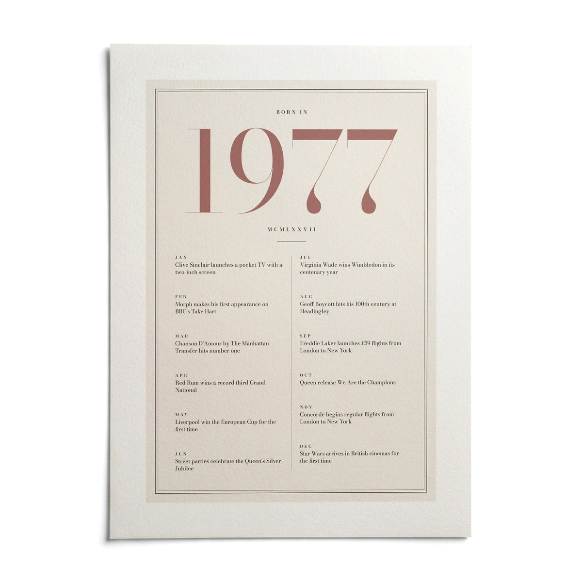 1977 Pink Birthday Print, shown as an unframed paper print on a plain white background
