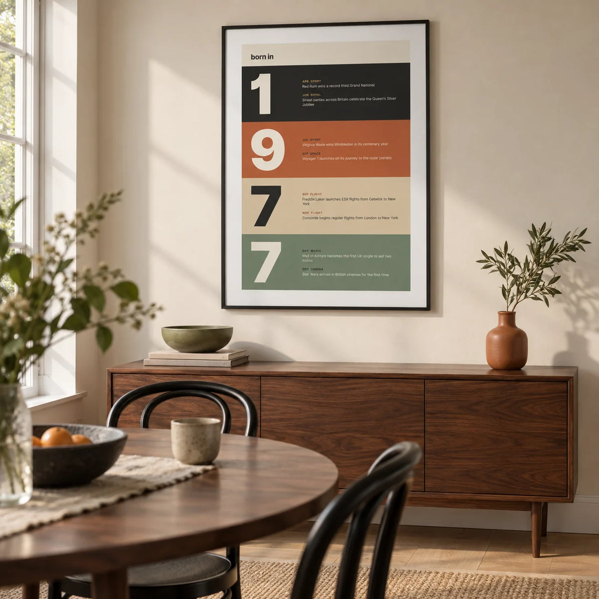 1977 Typography Print, framed on the wall of a design-led dining room in a renovated British terrace with a pale sand wall and simple oak floor