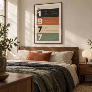 1977 Typography Print, framed on the wall of a modern adult bedroom with a warm white wall and walnut furniture