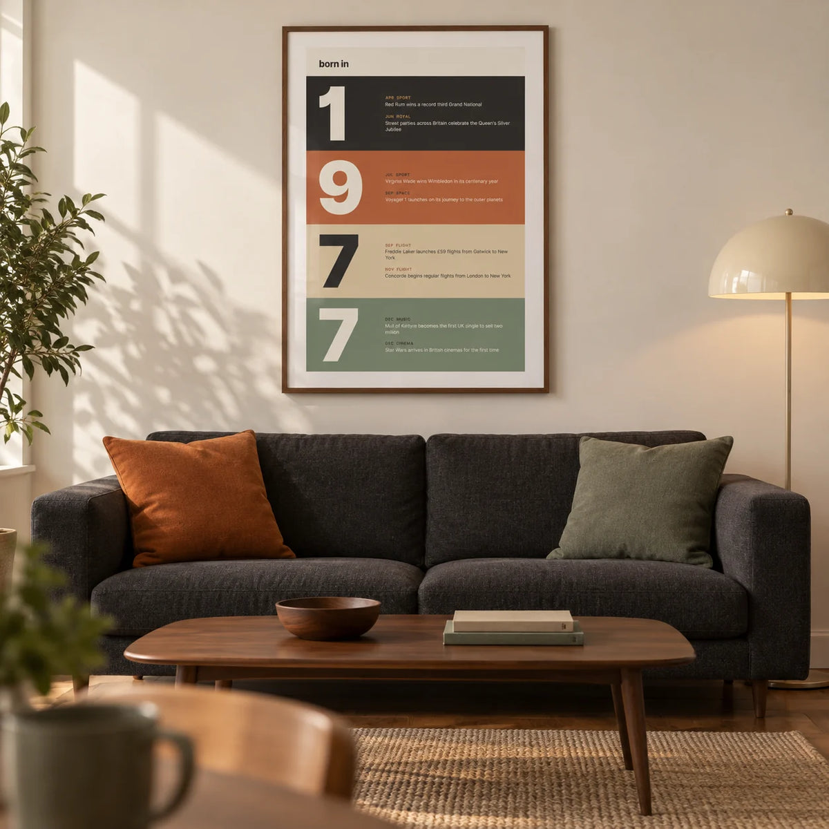 1977 Typography Print, framed on the wall of a modern living room in a UK city flat with a warm white wall