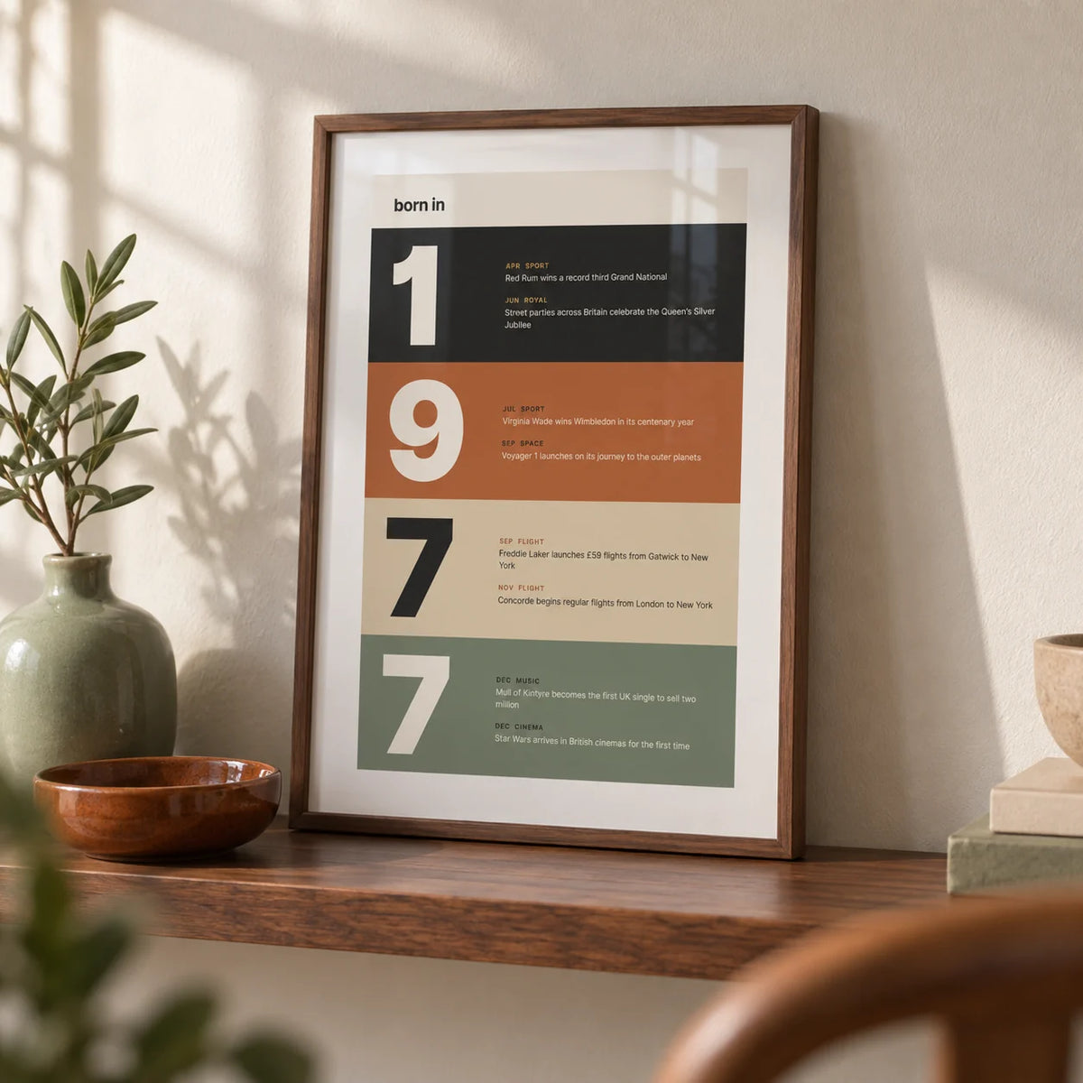 1977 Typography Print, a small A4 framed print leaning on a walnut shelf in a living room