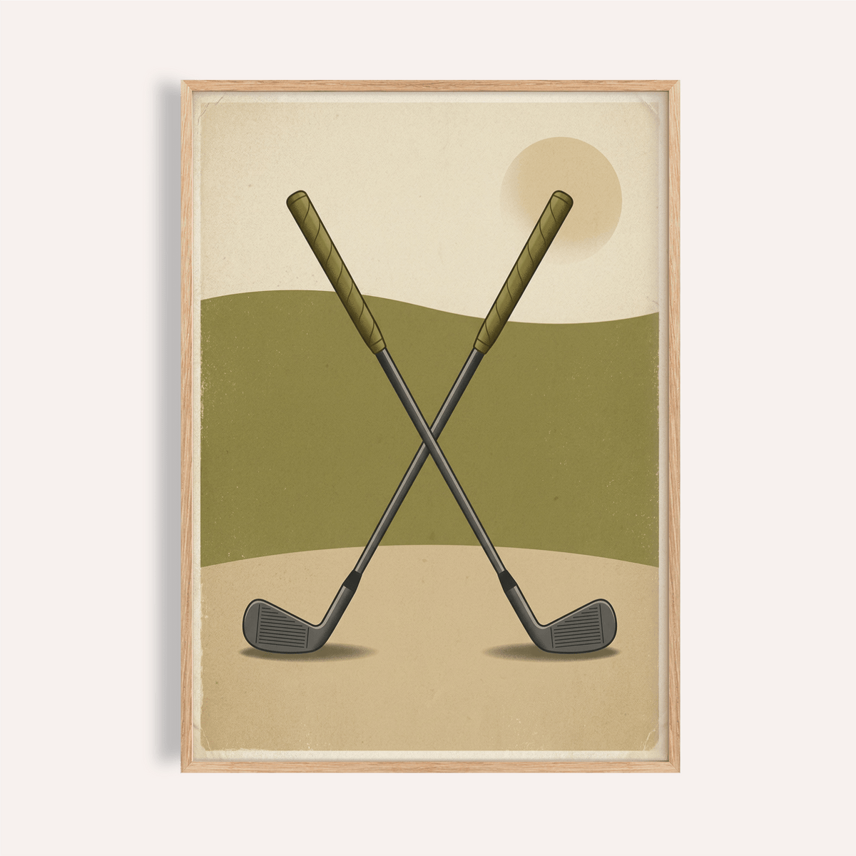Framed-style wall art print of two crossed golf clubs over layered hills