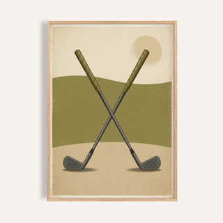 Framed Crossed Golf Clubs Poster with black and olive design and beige background