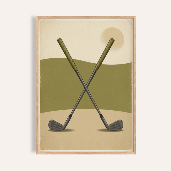 Framed-style wall art print of two crossed golf clubs over layered hills