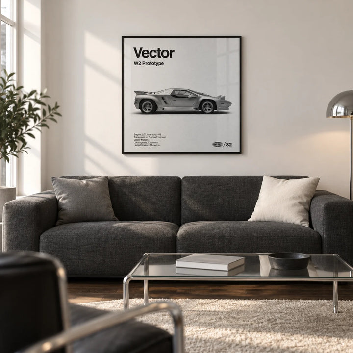 1980s Prototype Supercar Poster, framed on the wall of a modern living room in a UK city flat with an off-white wall and smoked oak floor