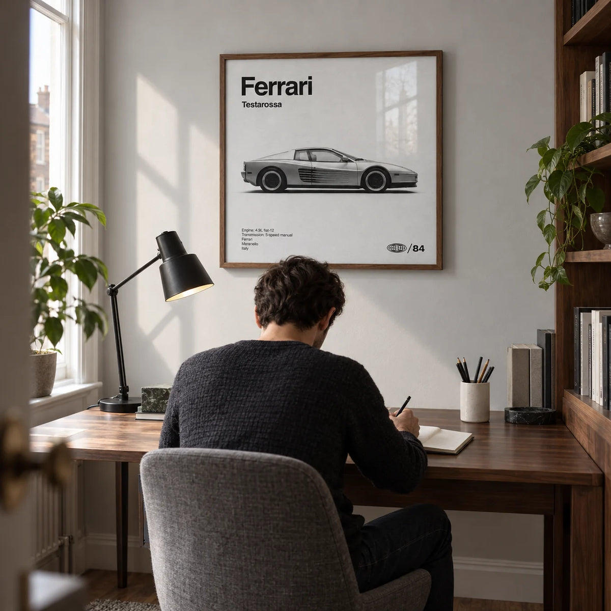 1980s Supercar Poster, framed on the wall of a compact home study in a British terraced house with a pale grey wall and walnut shelving