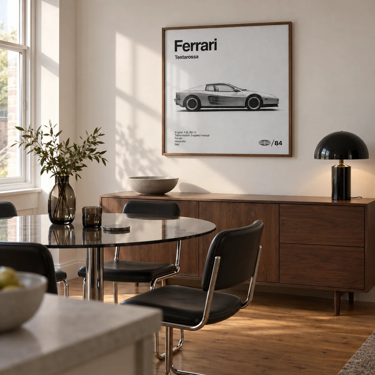 1980s Supercar Poster, framed on the wall of a compact modern dining room in a UK first flat (22-28) with a white wall and warm timber floor