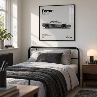 1980s Supercar Poster, framed on the wall of a crisp single bedroom for a young adult car enthusiast (18-25) in a UK family home with a soft white wall