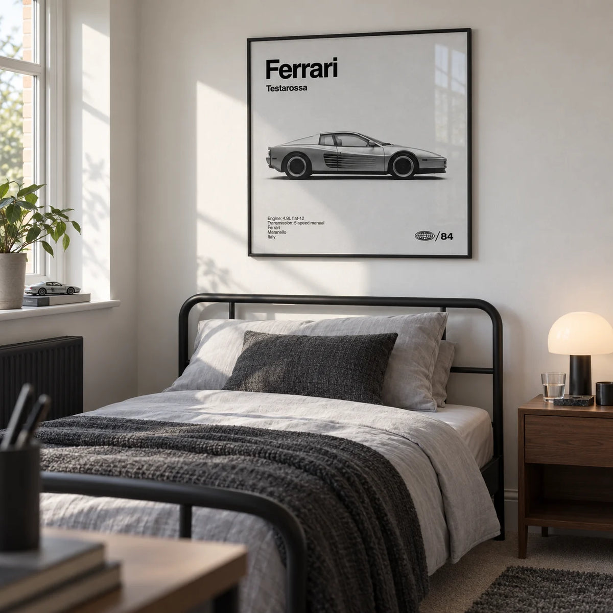 1980s Supercar Poster, framed on the wall of a crisp single bedroom for a young adult car enthusiast (18-25) in a UK family home with a soft white wall