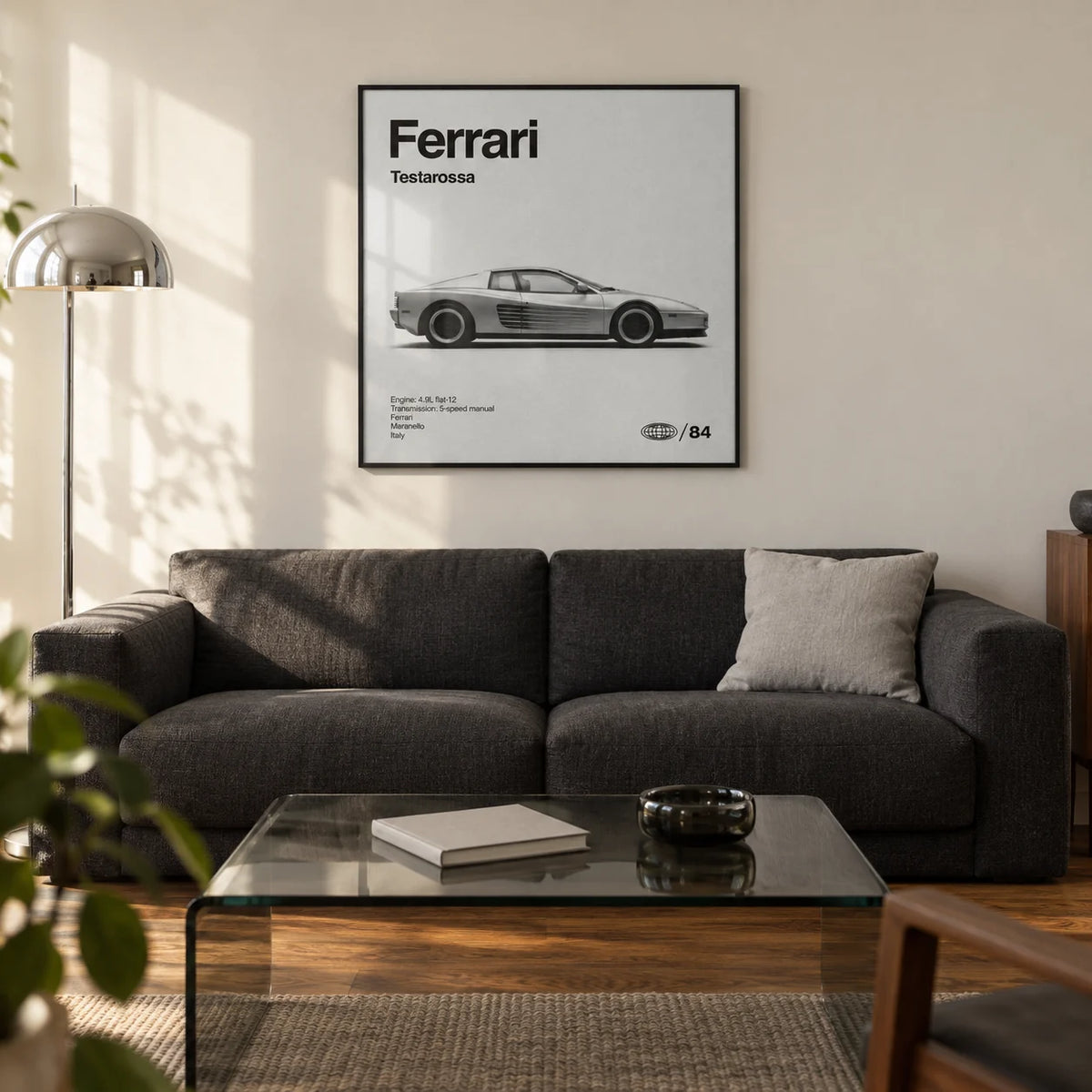 1980s Supercar Poster, framed on the wall of a design-led living room in a UK city flat with a warm white wall