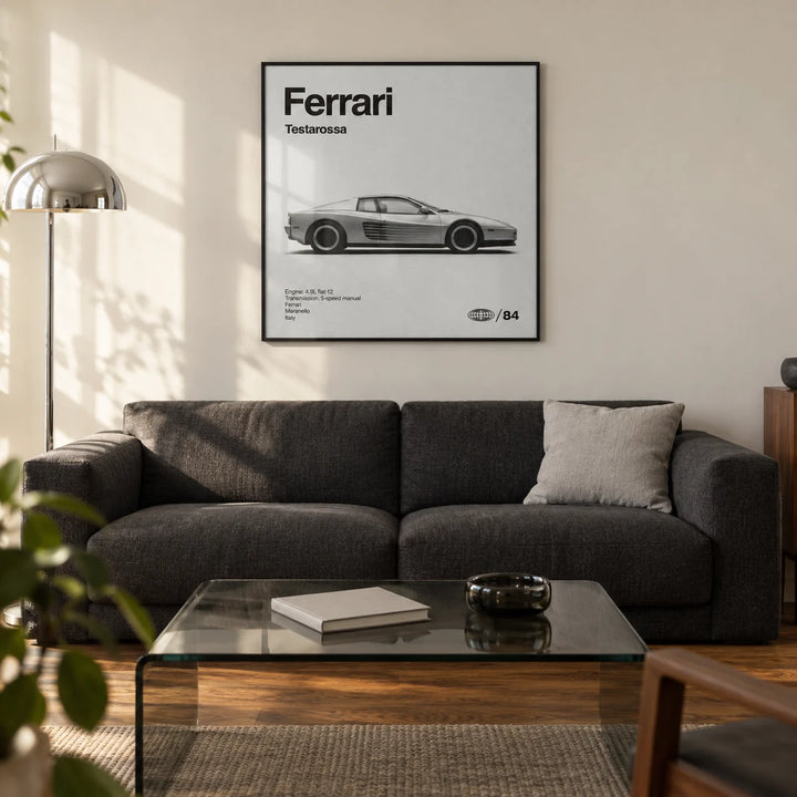 1980s Supercar Poster, framed on the wall of a design-led living room in a UK city flat with a warm white wall