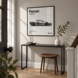 1980s Supercar Poster, framed on the wall of a modern entrance hallway in a renovated British semi-detached home with pale grey walls and oak floorboards