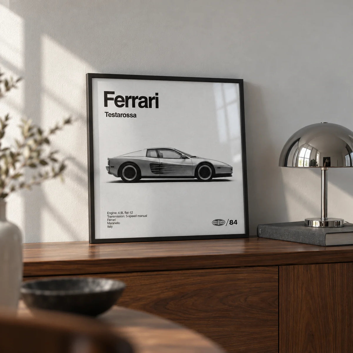 1980s Supercar Poster, a small A4 framed print leaning on a walnut sideboard in a living room