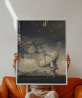 Space Satellite Art Print featuring Blue sky, Beige satellite, and Black night sky for bedroom