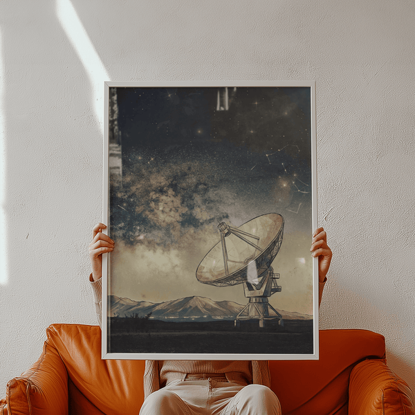 Space Satellite Art Print featuring Blue sky, Beige satellite, and Black night sky for bedroom