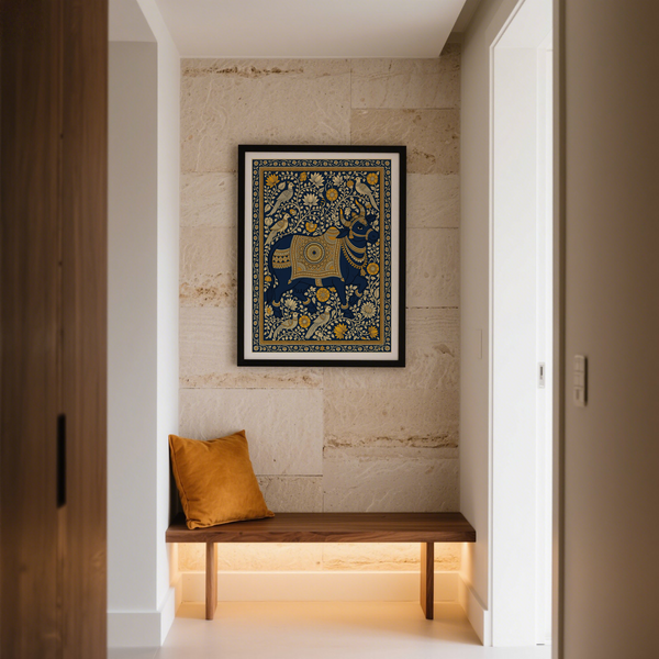 Centered bull design with birds perched in leafy curls