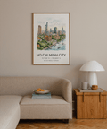 Riverside city wall art print with cathedral landmark, high-rise buildings, and boats