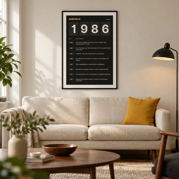 1986 Arrivals Board Print, framed on the wall of a modern living room in a UK city flat with warm white walls