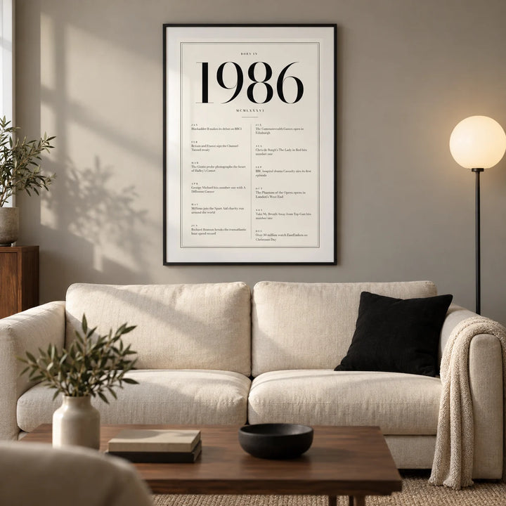1986 Birthday Print, framed on the wall of a refined modern living room in a UK terraced home with a warm grey wall and walnut furniture