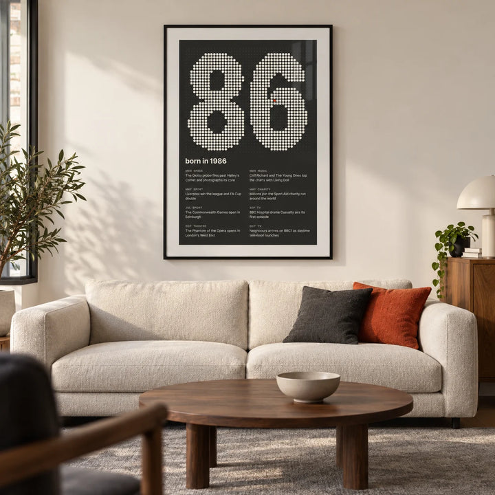 1986 Halftone Print, framed on the wall of a modern living room in a UK city flat with a warm white wall