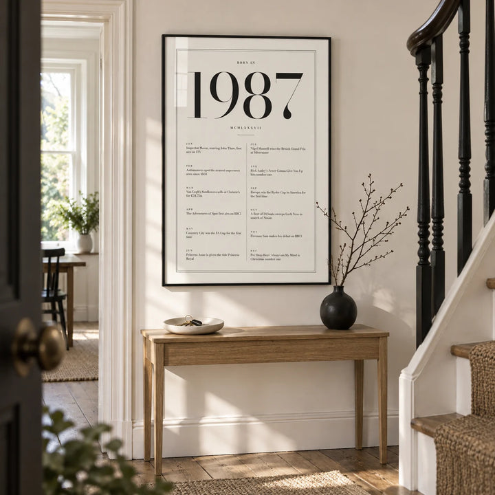 1987 Birthday Print, framed on the wall of a bright hallway in a renovated UK terrace with a warm white wall