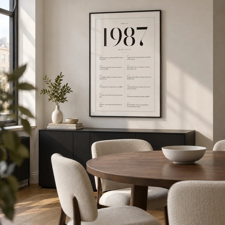 1987 Birthday Print, framed on the wall of a compact modern dining room in a UK city flat with a soft white wall and oak floor