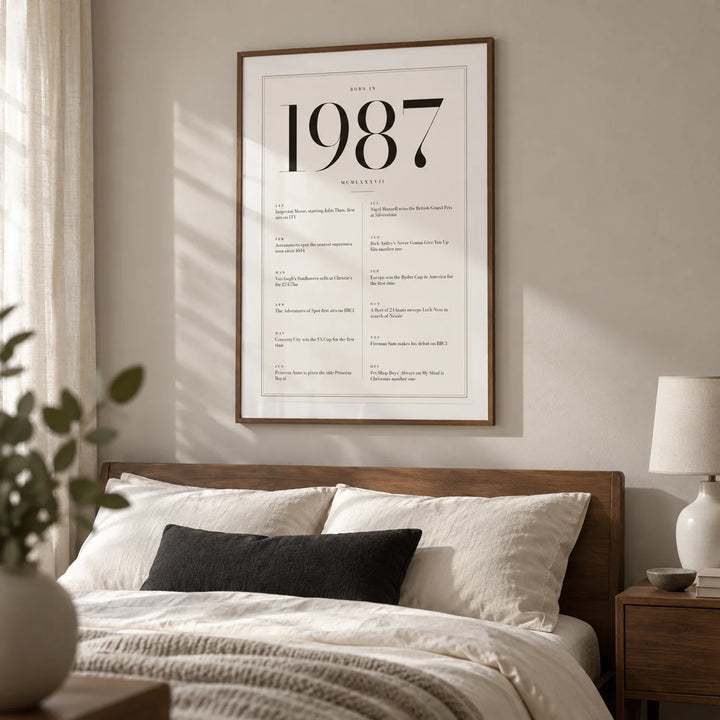 1987 Birthday Print, framed on the wall of a grown-up modern bedroom in a UK home with a pale mushroom wall