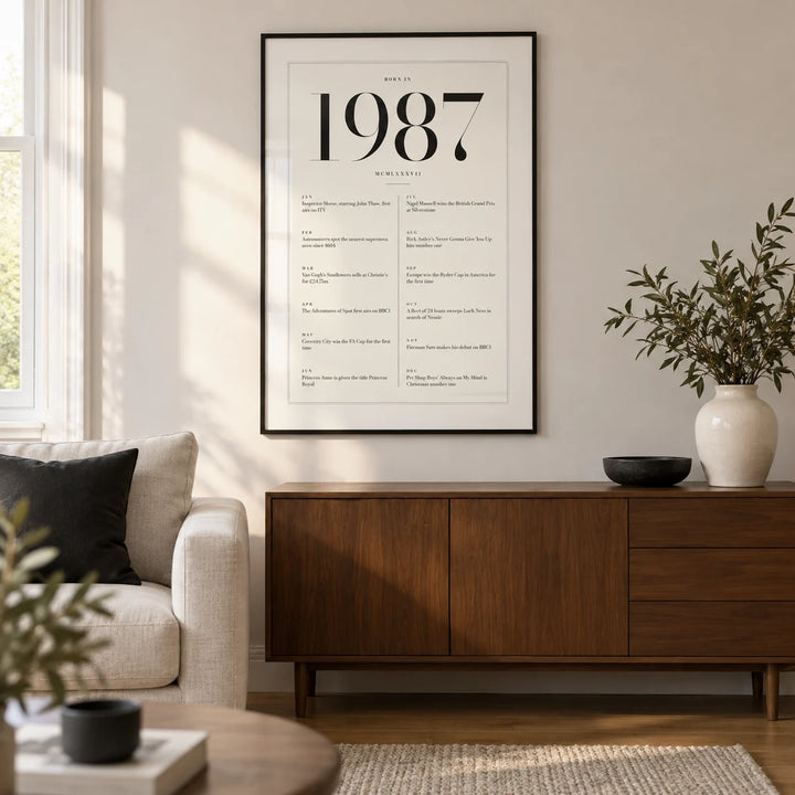 1987 Birthday Print, framed on the wall of a modern living room in a UK terraced home with a soft white wall and warm timber floor