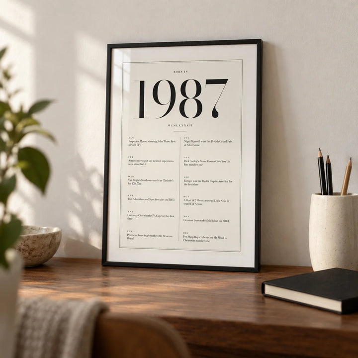 1987 Birthday Print, a small A4 framed print leaning on a walnut desk