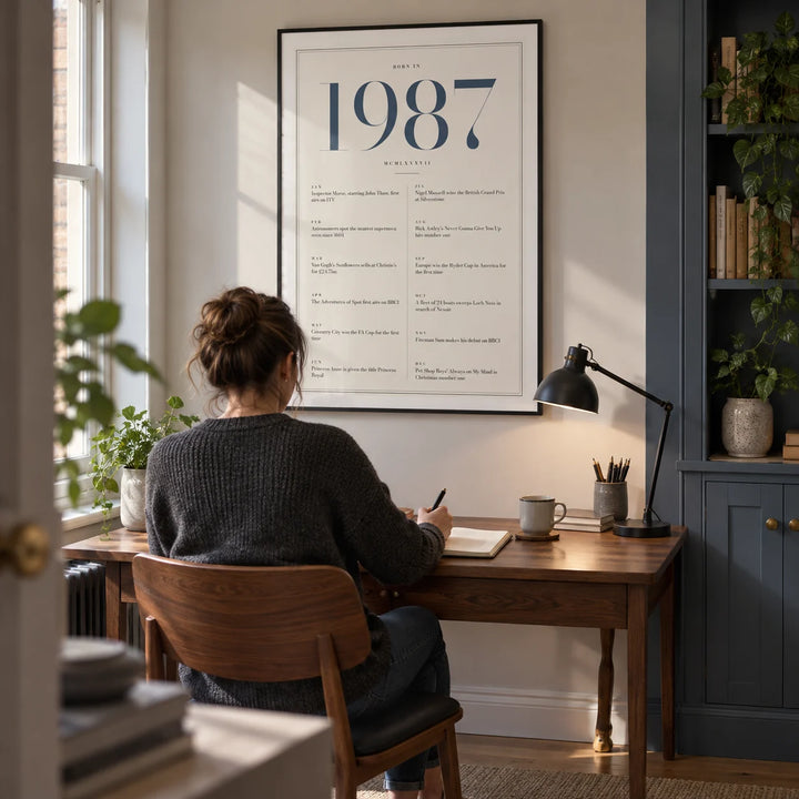 1987 Blue Birthday Print, framed on the wall of a compact adult home study in a British city flat with an ivory wall and a built-in slate blue cupboard