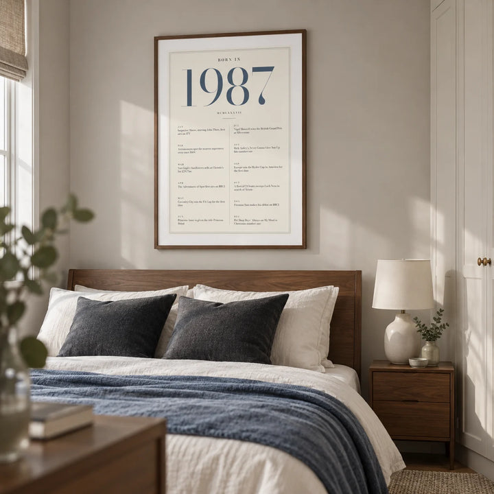1987 Blue Birthday Print, framed on the wall of a refined adult bedroom in a UK maisonette with a pale warm grey wall